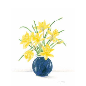 Daffodils in a blue vase by Penny Clifford